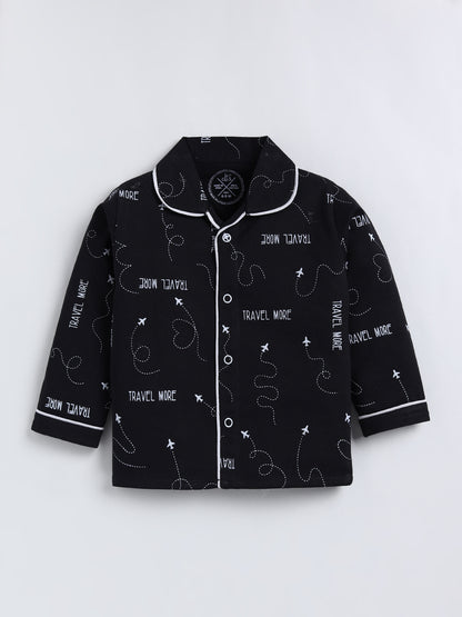 Black Typography Cotton Full Sleeve Night Suit
