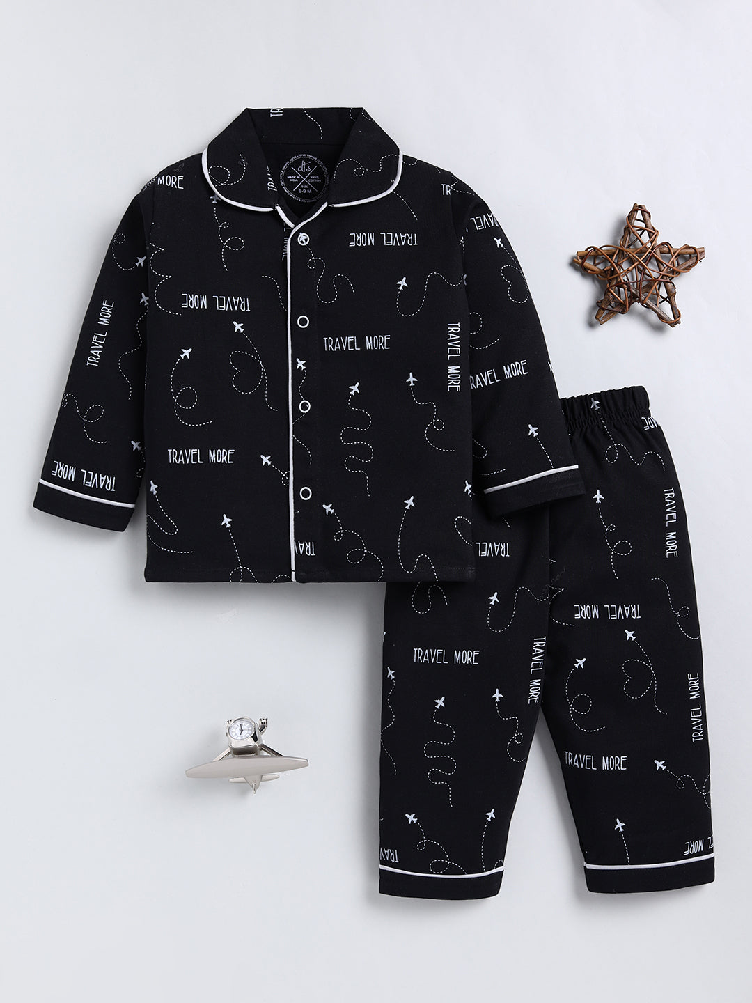 Black Typography Cotton Full Sleeve Night Suit