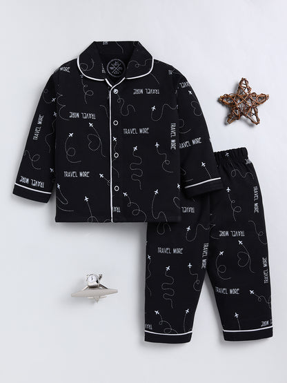 Black Typography Cotton Full Sleeve Night Suit