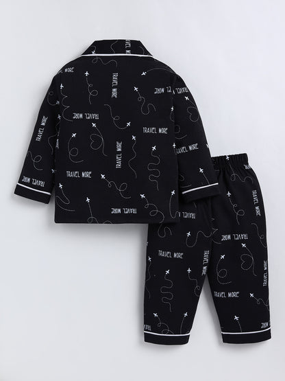 Black Typography Cotton Full Sleeve Night Suit