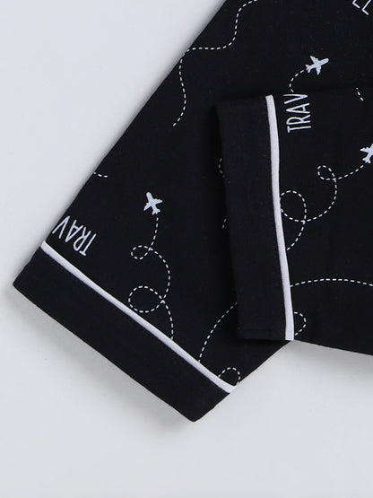 Black Typography Cotton Full Sleeve Night Suit