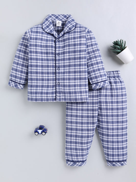 Blue Checked Cotton Full Sleeve Night Suit