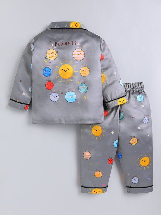 Grey Graphic Satin Full Sleeve Night Suit