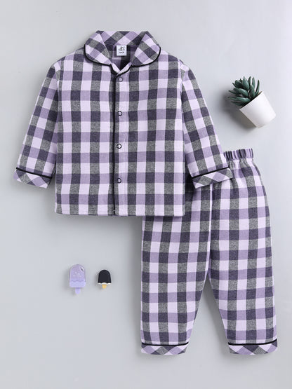 Purple Checked Cotton Full Sleeve Night Suit