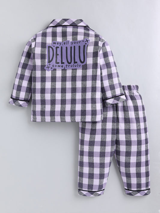 Purple Checked Cotton Full Sleeve Night Suit