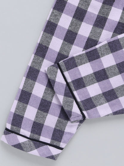 Purple Checked Cotton Full Sleeve Night Suit