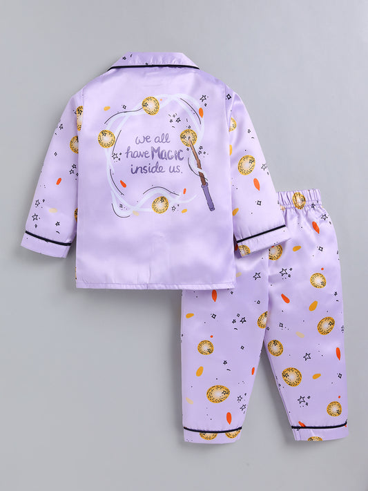 Purple Typography Satin Full Sleeve Night Suit