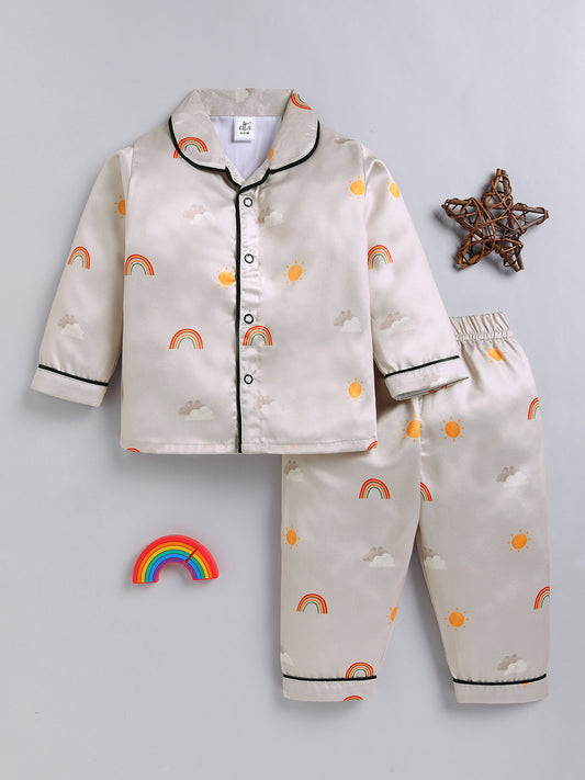 Beige Graphic Satin Full Sleeve Night Suit