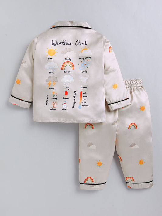 Beige Graphic Satin Full Sleeve Night Suit