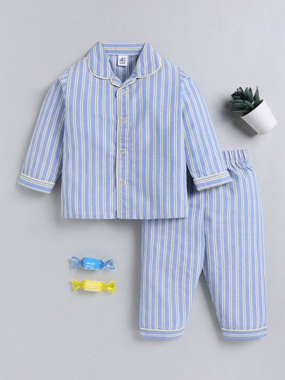 Blue Striped Cotton Full Sleeve Night Suit