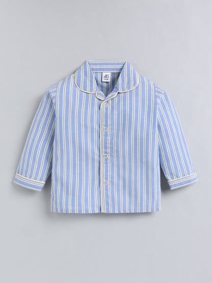 Blue Striped Cotton Full Sleeve Night Suit