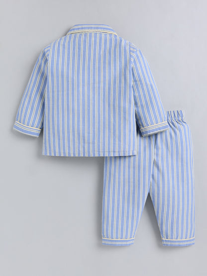 Blue Striped Cotton Full Sleeve Night Suit