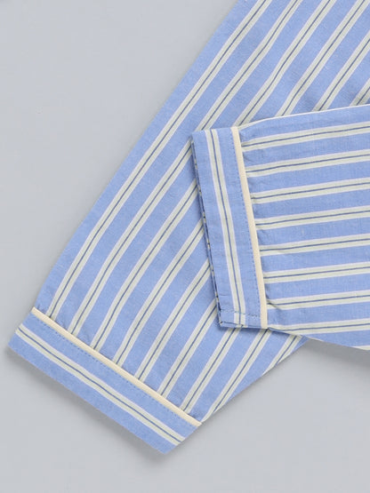 Blue Striped Cotton Full Sleeve Night Suit