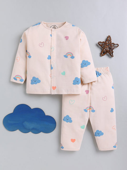 Beige Graphic Cotton Full Sleeve Night Suit