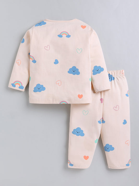 Beige Graphic Cotton Full Sleeve Night Suit