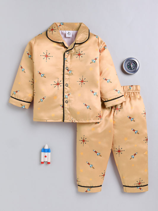 Yellow Graphic Satin Full Sleeve Night Suit