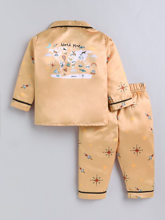 Yellow Graphic Satin Full Sleeve Night Suit