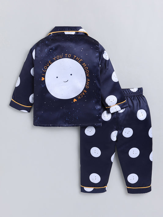 Blue Typography Satin Full Sleeve Night Suit