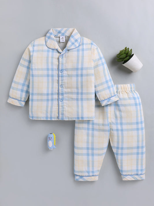 Blue Checked Cotton Full Sleeve Night Suit