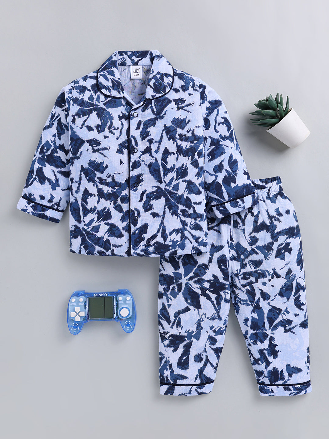 Blue Floral Cotton Full Sleeve Night Suit