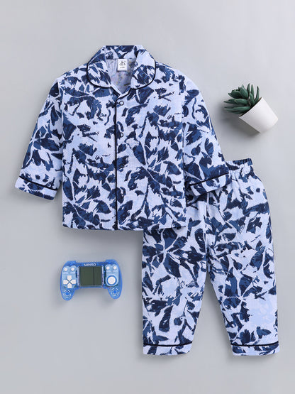 Blue Floral Cotton Full Sleeve Night Suit