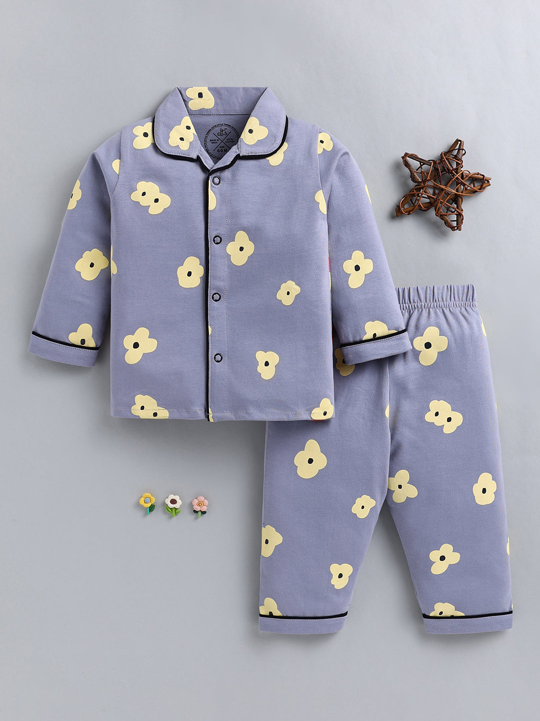 Grey Floral Cotton Full Sleeve Night Suit