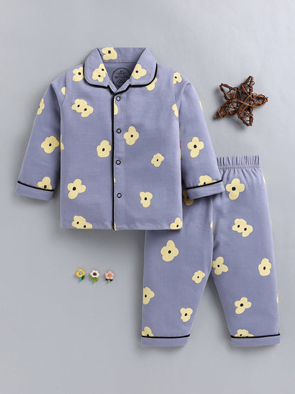 Grey Floral Cotton Full Sleeve Night Suit