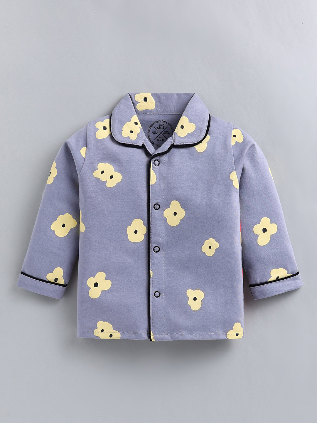 Grey Floral Cotton Full Sleeve Night Suit