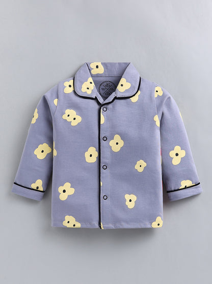 Grey Floral Cotton Full Sleeve Night Suit