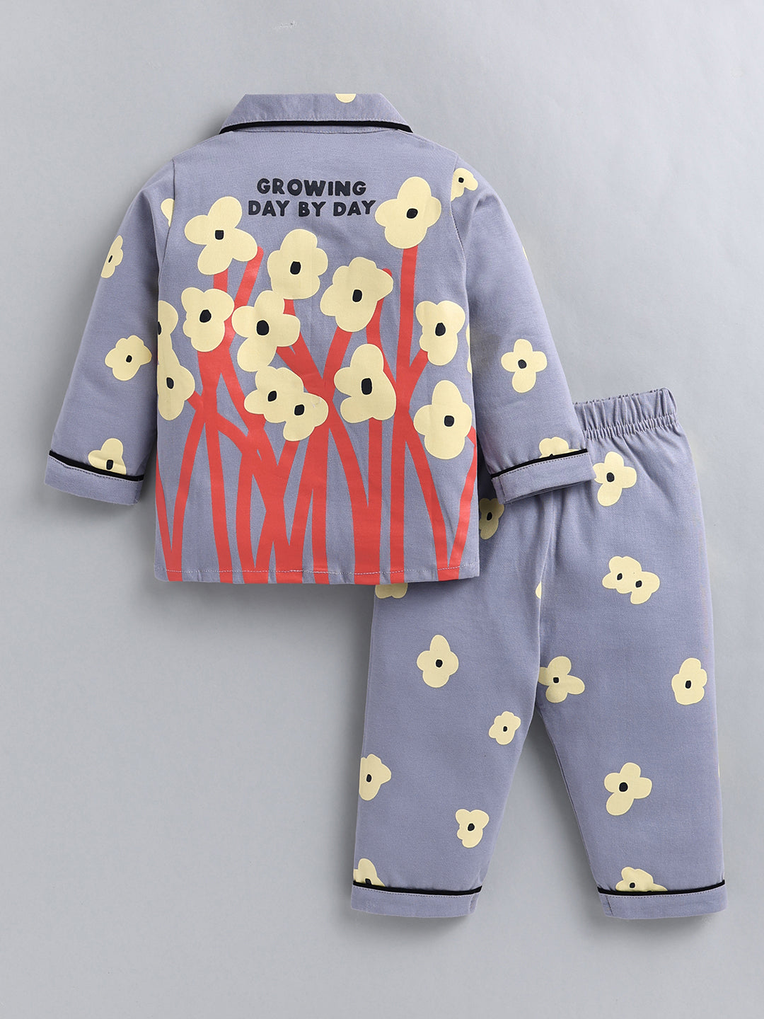 Grey Floral Cotton Full Sleeve Night Suit