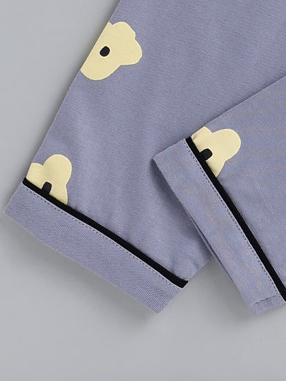 Grey Floral Cotton Full Sleeve Night Suit