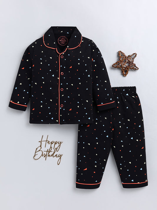 Black Typography Cotton Full Sleeve Night Suit