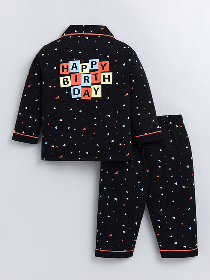 Black Typography Cotton Full Sleeve Night Suit