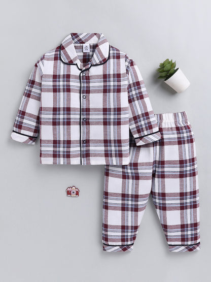 Maroon Checked Cotton Full Sleeve Night Suit