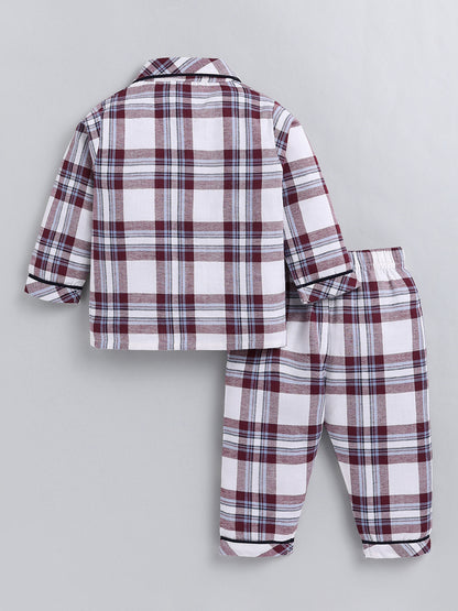 Maroon Checked Cotton Full Sleeve Night Suit