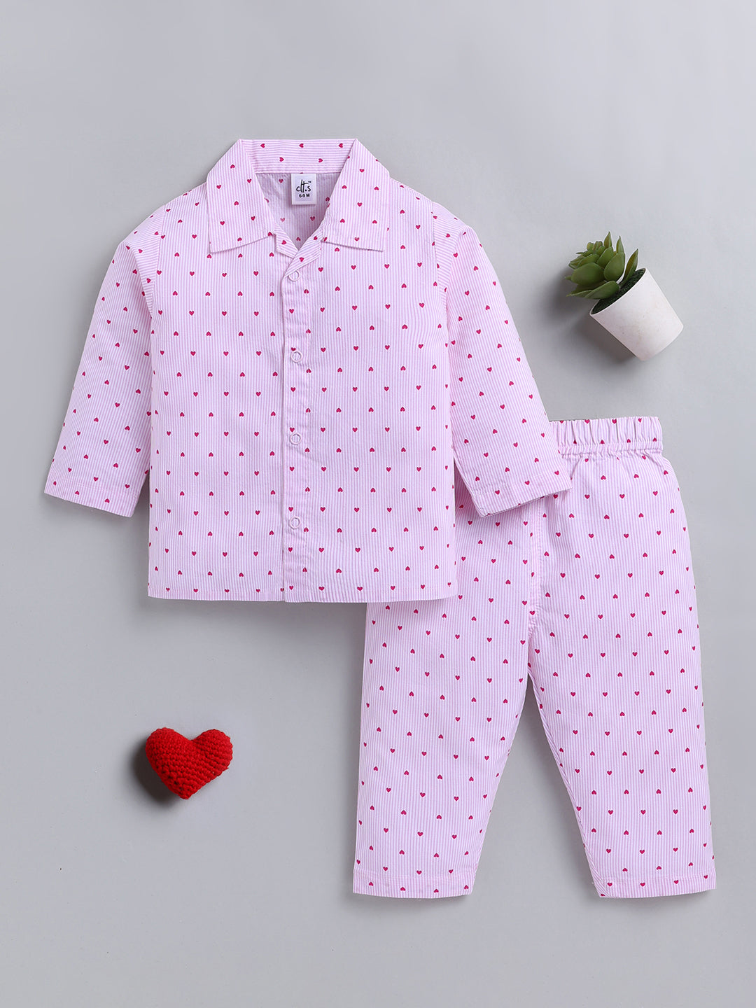 Pink "Hearts" Cotton Full Sleeve Night Suit