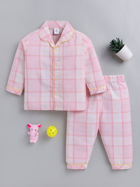 Pink Checked Cotton Full Sleeve Night Suit