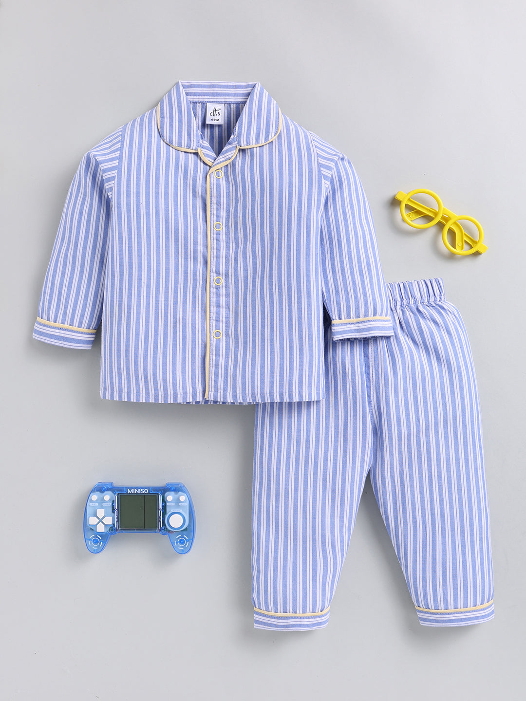 Blue Striped Cotton Full Sleeve Night Suit