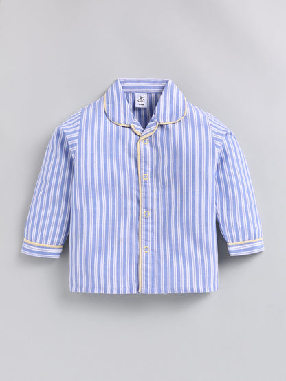 Blue Striped Cotton Full Sleeve Night Suit
