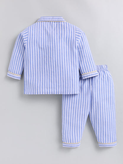 Blue Striped Cotton Full Sleeve Night Suit