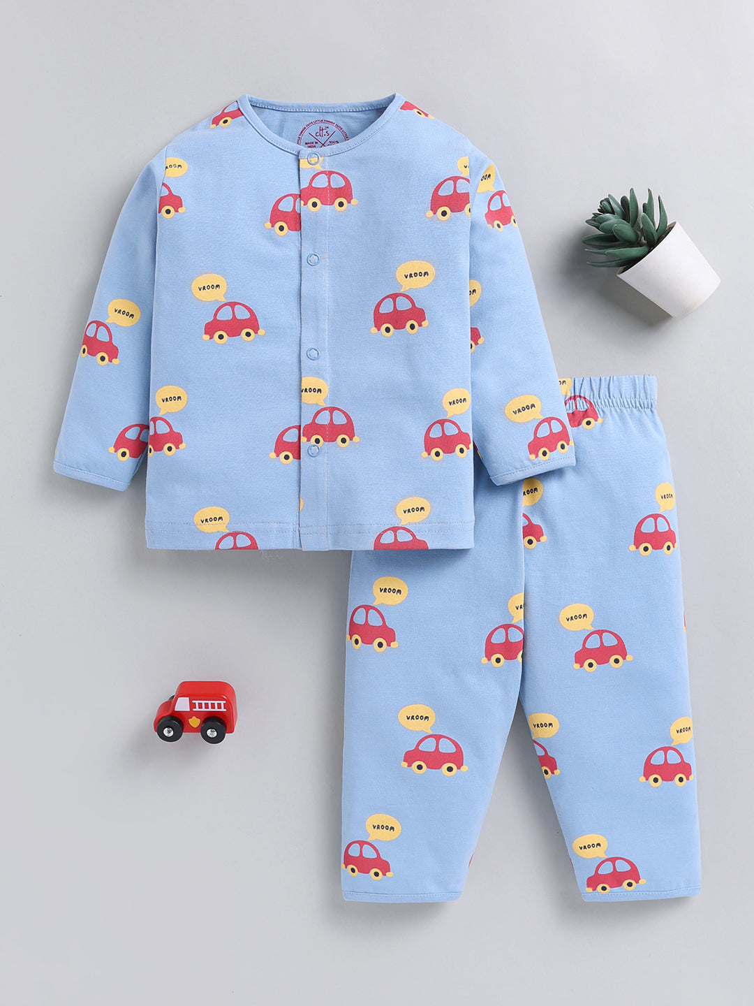 Blue Car Print Cotton Full Sleeve Night Suit