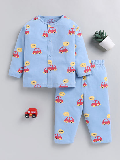 Blue Car Print Cotton Full Sleeve Night Suit