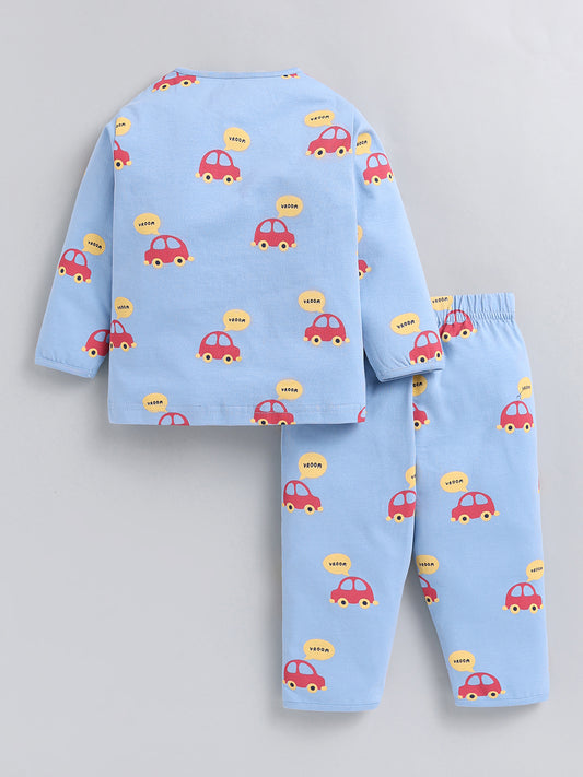 Blue Car Print Cotton Full Sleeve Night Suit