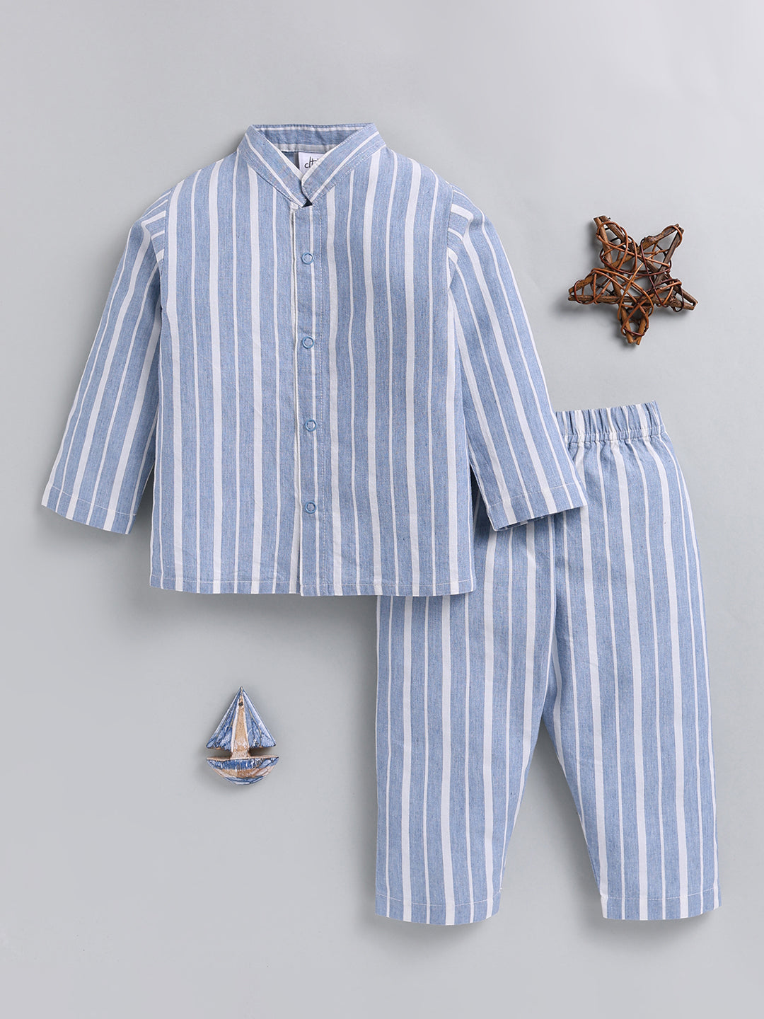 Blue Striped Cotton Full Sleeve Night Suit