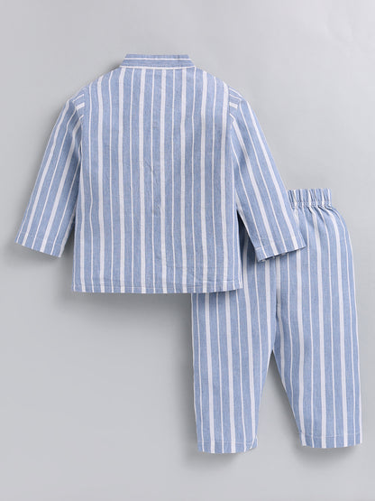 Blue Striped Cotton Full Sleeve Night Suit