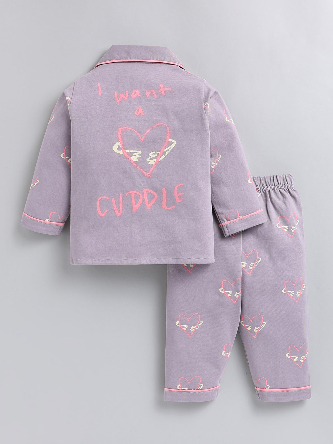 Grey Typography Cotton Full Sleeve Night Suit