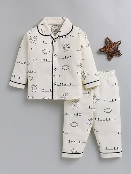 Cream Typography Cotton Full Sleeve Night Suit