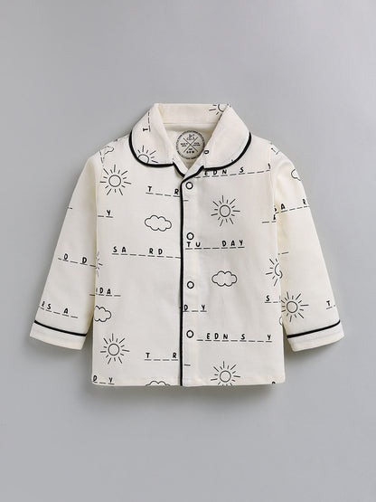 Cream Typography Cotton Full Sleeve Night Suit