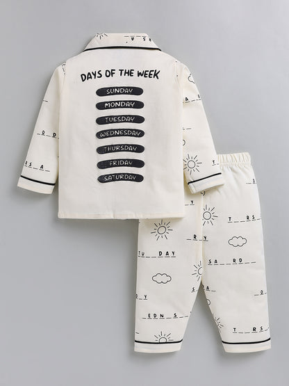 Cream Typography Cotton Full Sleeve Night Suit
