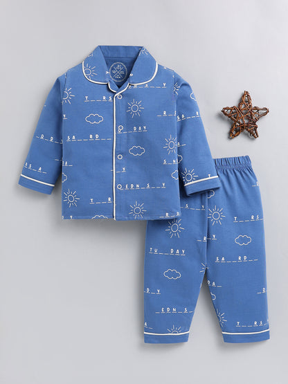 Blue Typography Cotton Full Sleeve Night Suit